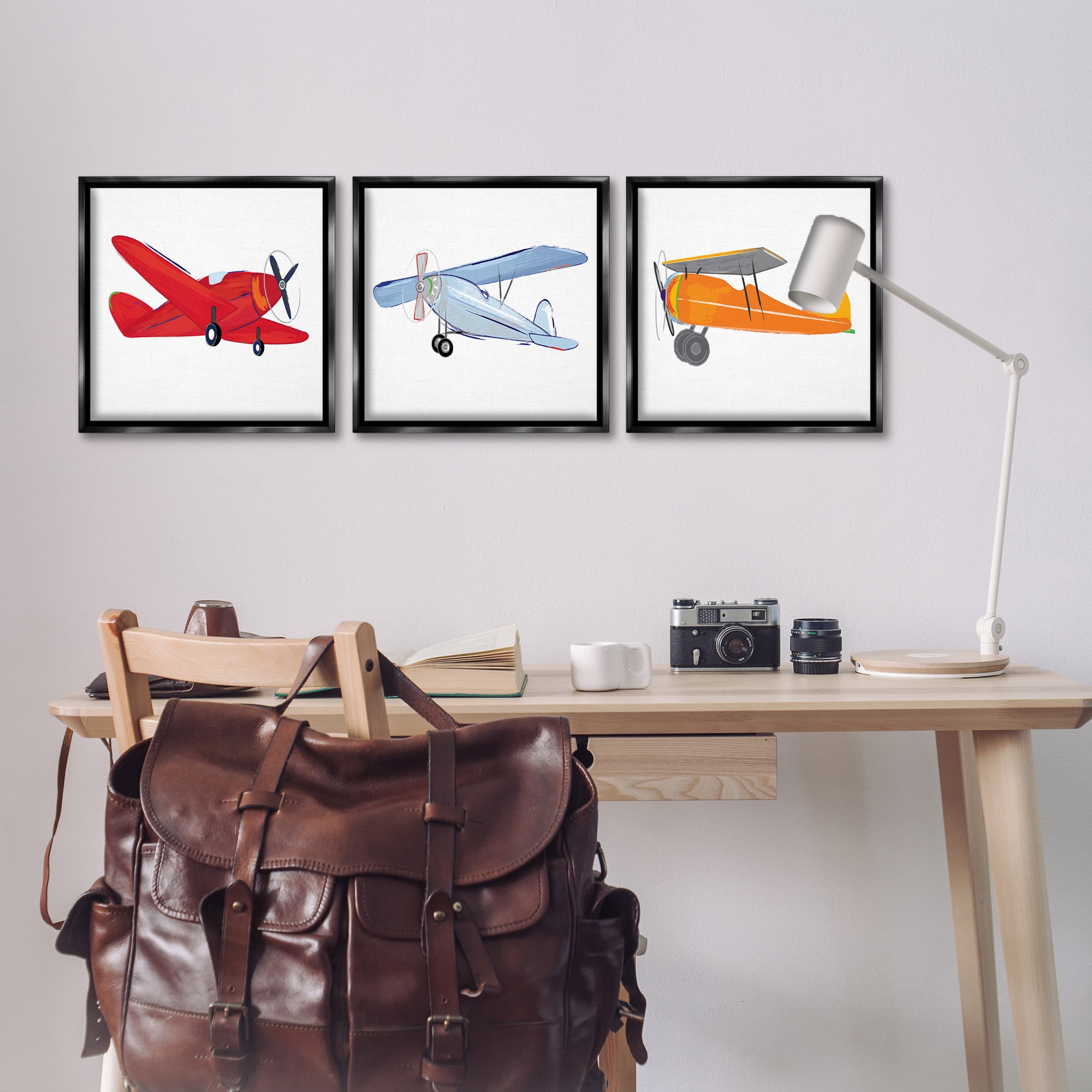 Stupell Industries Triple Colorful Airplanes Drawing Art for Kids Painting Black Floater Framed Canvas Art Print Wall Art, 18 x 18, Set of 3