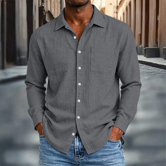 Trikvn Long Sleeve Shirts for Men Cotton Collared Button Down Casual Dress Shirts with Pockets Lightweight Breathable Tops for Beach Vacation Work