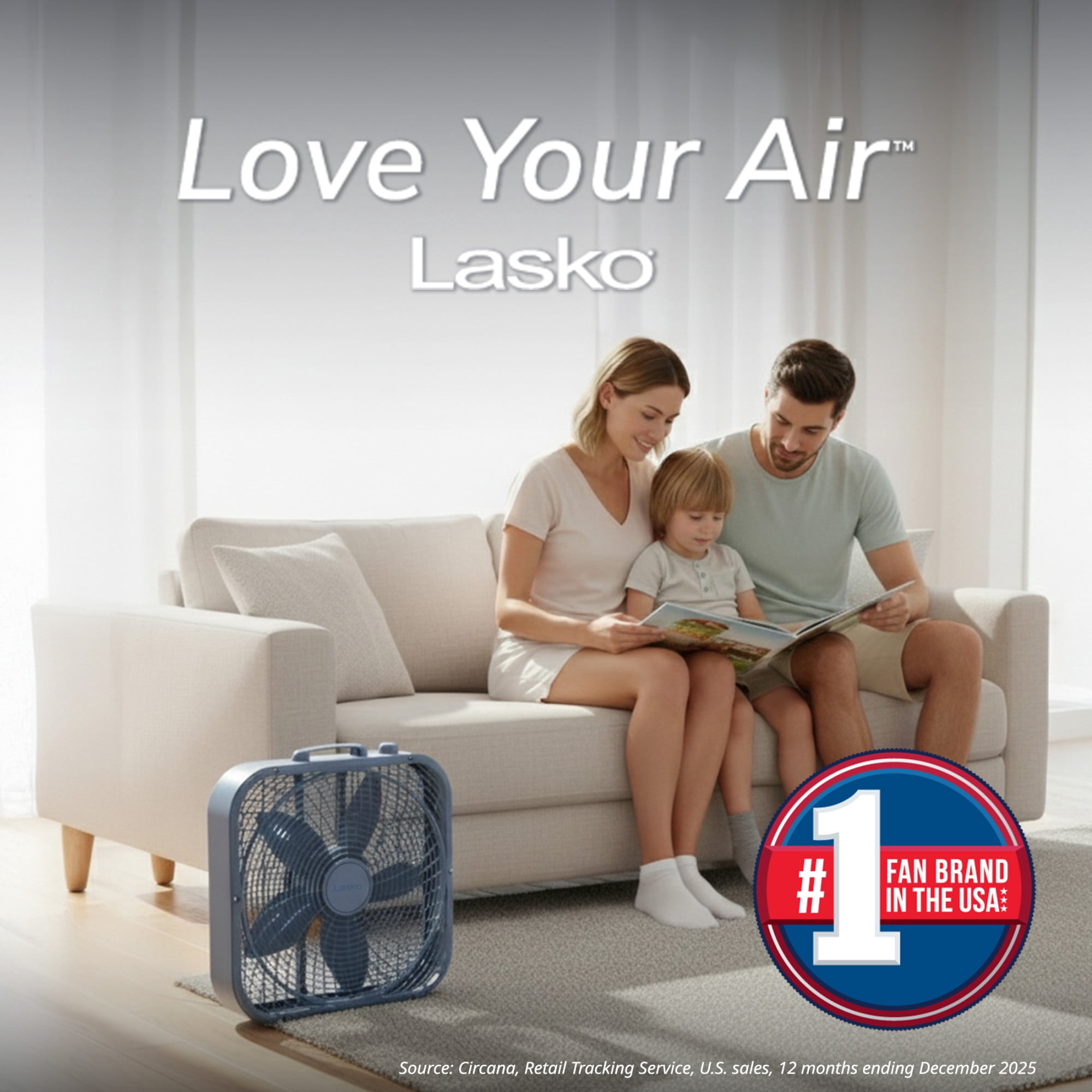 Lasko 20" Cool Colors Classic Box Fan with Weather-Resistant Motor, Portable Cooling Floor or Window Fan, 3 Speeds, Laguna Blue, B20312