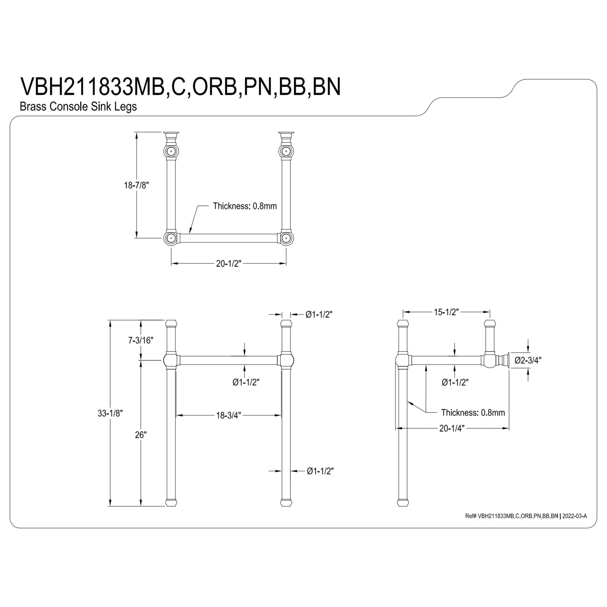 Kingston Brass VBH211833BB, Addington Brass Console Wall Mount Sink Legs, Brushed Brass