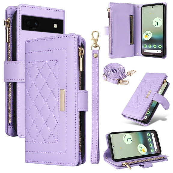 for Google Pixel 6A Wallet Case with RFID Blocking Card Holder, Kickstand Feature PU Leather Case with Adjustable Crossbody & Short Lanyard Magnetic Clasp Zipper Pocket Flip Cover,Purple