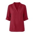 thumbnail image 7 of Women's Summer Shirts Casual Loose V-Neck Fixed Roll Cuff Short Sleeve Solid Color Blouses Lightweight cotton Linen Curved Hem Short Tops for Office Daily Wear, 7 of 7