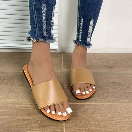 

KBODIU Womens Sandals Mothers Day Gifts Round-toe Solid Color Casual Beach Slippers Flat Sandals for Women Dressy Summer Brown 41