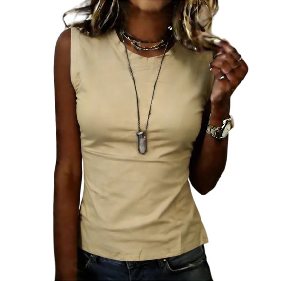 CIENVNSTG Womens Going Out Summer Tank Tops 2026 Spring Casual Basic Cute Trendy Sleeveless Shirts Vacation Fashion Outfit Clothes Airy Comfortable for Beach Vacation Daily Outings Khaki 2XL