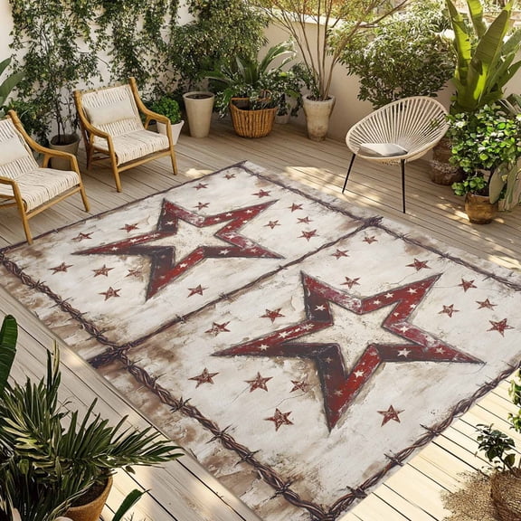 Fsddascl Texas Star Western Outdoor Rug for Patio/Deck/Porch, Non-Slip Large Area Rug 5 x 8 Ft, Country Stars Vintage Indoor Outdoor Rugs Washable Area Rugs, Reversible Camping Rug Carpet Runner