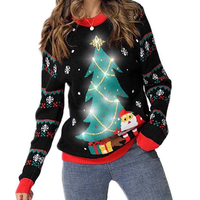Jersey navideño Acekid para mujer y hombre, negro con luces LED