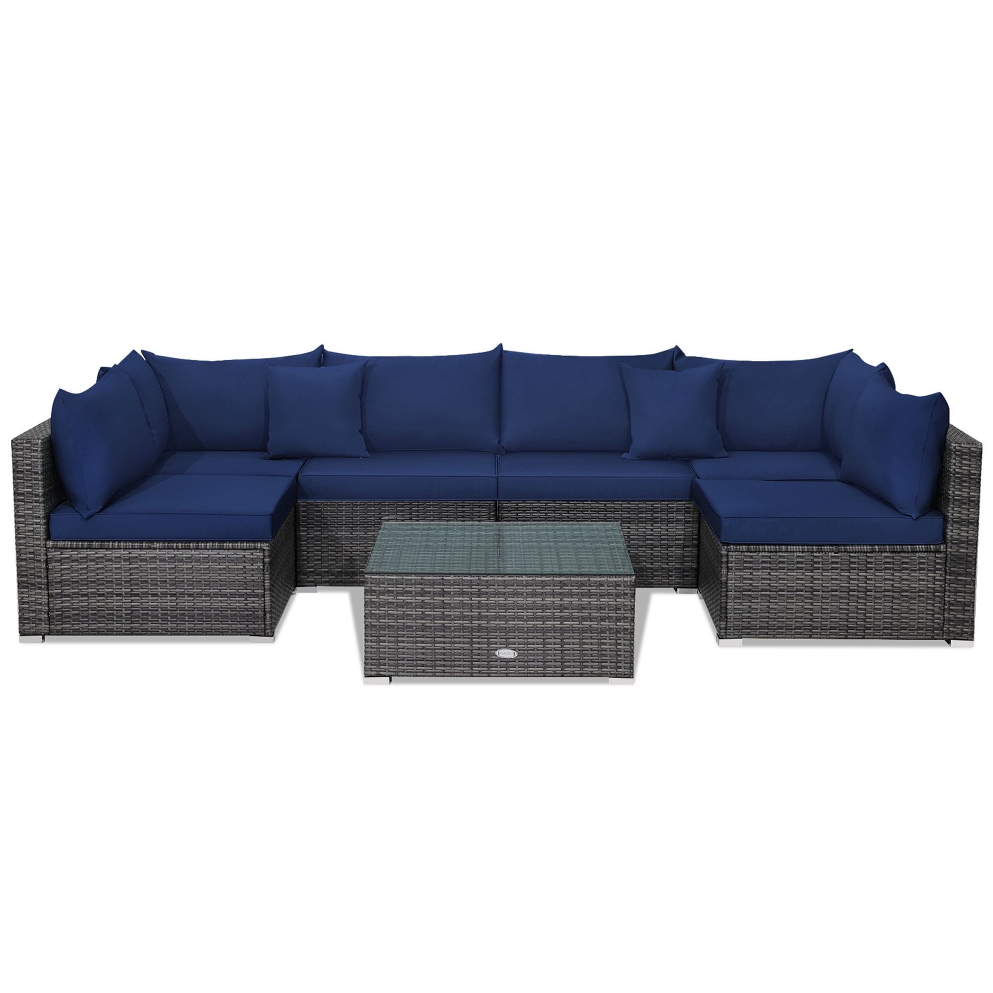 Gymax 7PCS Patio Rattan Sectional Sofa Set Outdoor Furniture Set w/ Navy Cushions