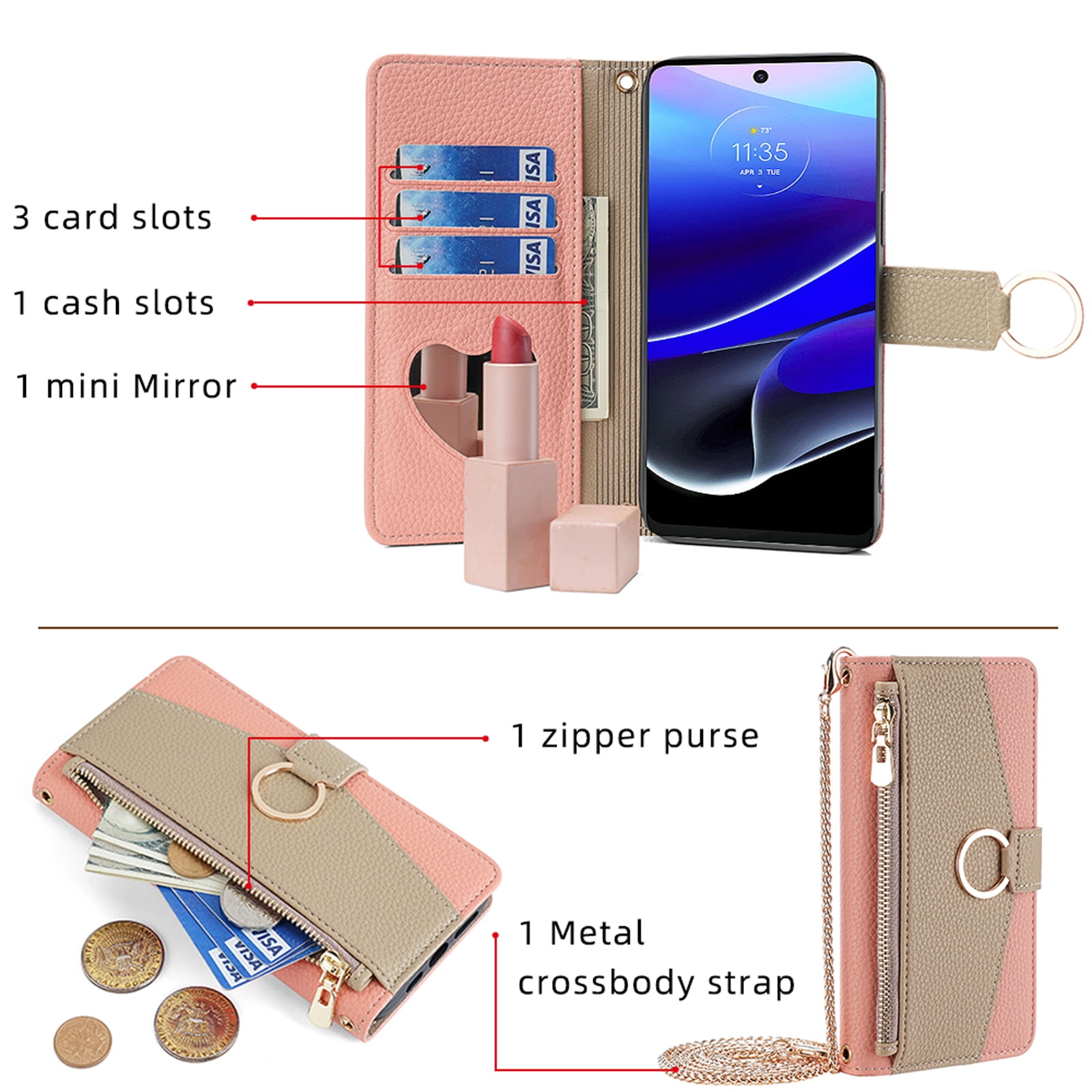 Phone Case for Samsung Galaxy S26 Ultra Zipper Wallet Cover with Make-up Mirror, Flip Cover PU Leather Ring Card Holder Kickstand Crossbody Strap Chain Cell Phone Case Cover for S26 Ultra, Pink