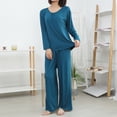 thumbnail image 6 of BOVXNPU Pajama Set For Women Women Solid Summer Lightweight Round-Neck Long-Sleeved Long Pants Home Attire Set Of 2 Pieces Women Sleepwear, 6 of 7