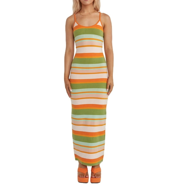 xiaxaixu Robe Tricotée Sexy pour Femmes, Robe Longue Moulante à Bretelles Spaghetti Sans Manches Patchwork Coloré Robes de Plage d'Été
