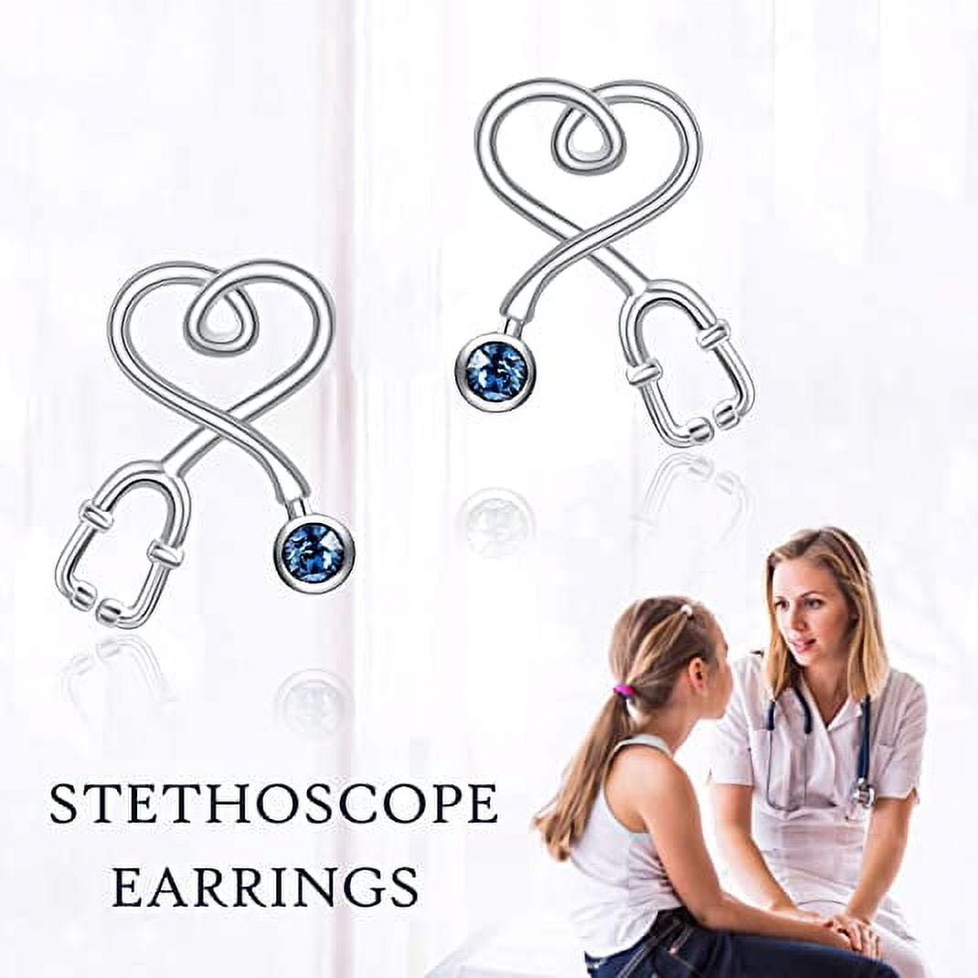 AOBOCO Christmas Gifts 925 Sterling Silver Stethoscope Earrings Simulated Birthstone Crystals,Gifts for Her Nurse Medical Student