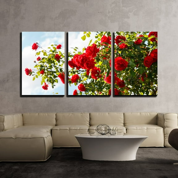 wall26 - 3 Piece Canvas Wall Art - Red Roses Bush in The Garden - Modern Home Art Stretched and Framed Ready to Hang - 24"x36"x3 Panels