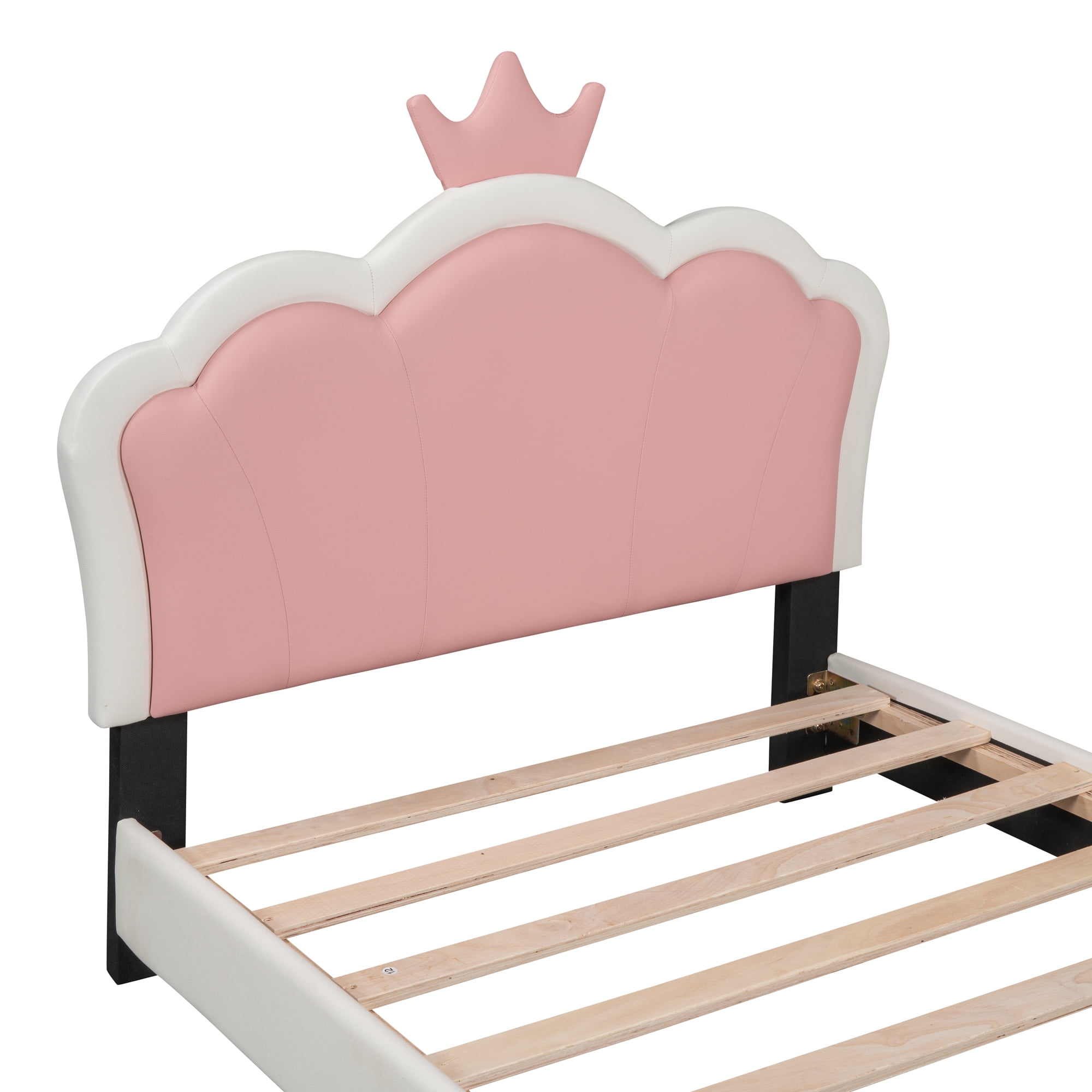Euroco Wood Twin Size Platform Bed with Crown Headboard and for Kids, White