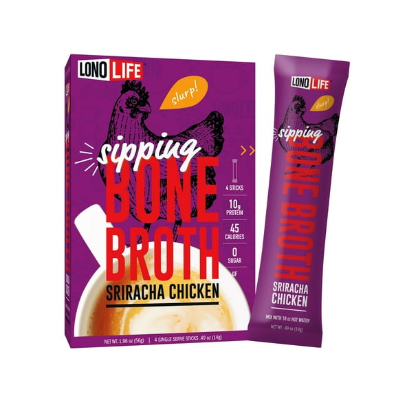 LonoLife Sriracha Chicken Bone Broth Powder Mix | 10g Protein | Collagen-Rich, Keto & Paleo Friendly | Natural Ingredients | 4 Portable Stick Pack Servings