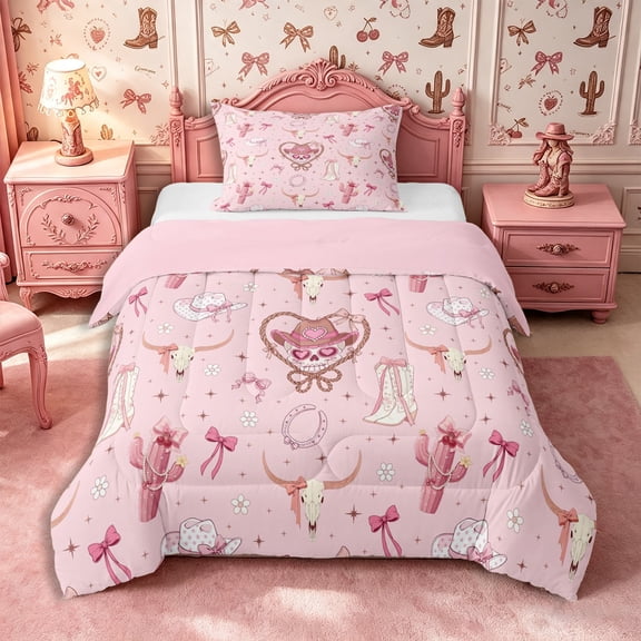 Manfei Cute Cowgirl Skull Twin Comforter Sets 2pcs,Western Ribbon Bow Bedding Set,Light Pink,1 Comforter and 1 Pillowcase,Reversible