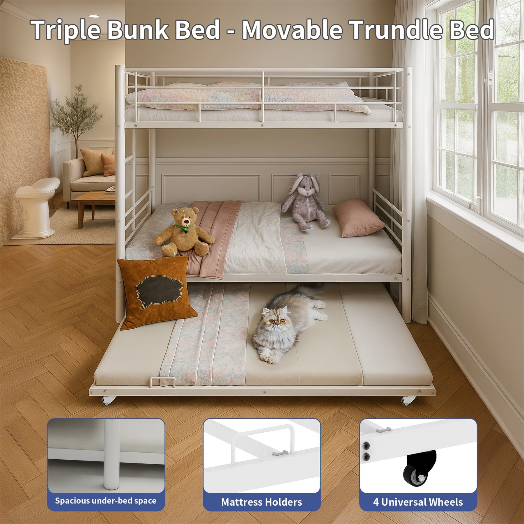 Alvantor Triple Bunk Beds Frame, Twin over Twin Bunk Bed with Trundle, Heavy Duty Metal Bed with Guardrail and Ladders, Divided Into 3 Twin Beds for Boys, Girls, Kids, Easy Assembly White