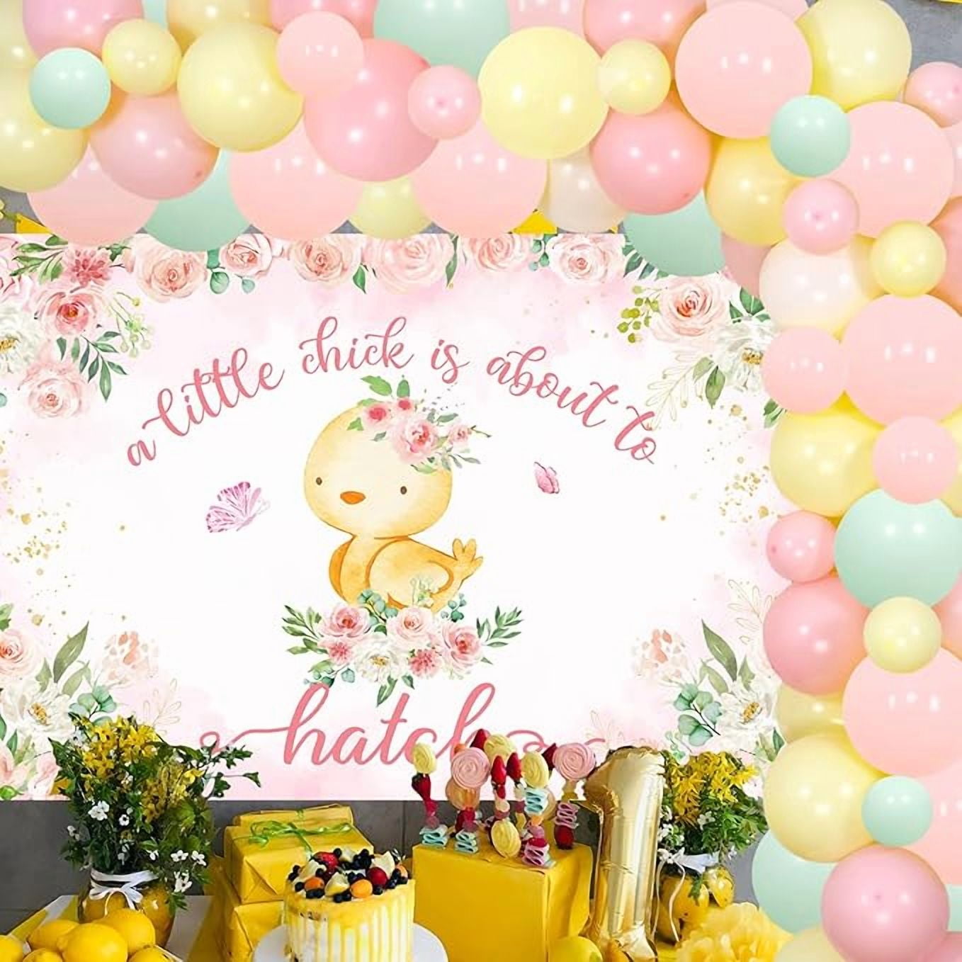 81Pcs Chicken Theme Baby Decor - Girl 'Chick' Themed Party Supplies - Pink Floral Backdrop, Balloon Arch & More