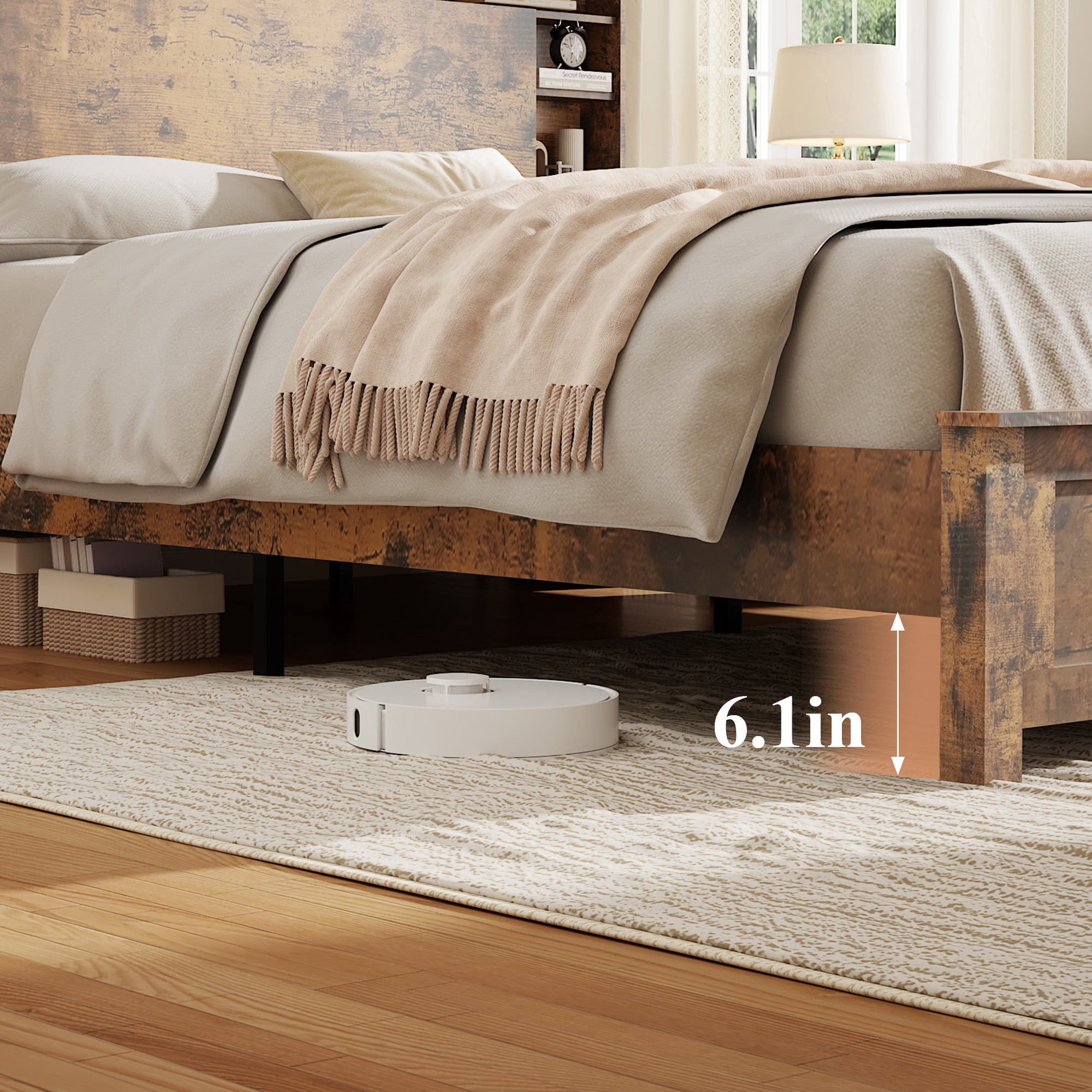PORKISS Full Size Bed Frame with Storage Headboard, Charging Station and LED Lights, Rustic Brown Wood Platform Bed Frame with Bookcase Headboard, USB & Type-C Ports, No Box Spring Needed