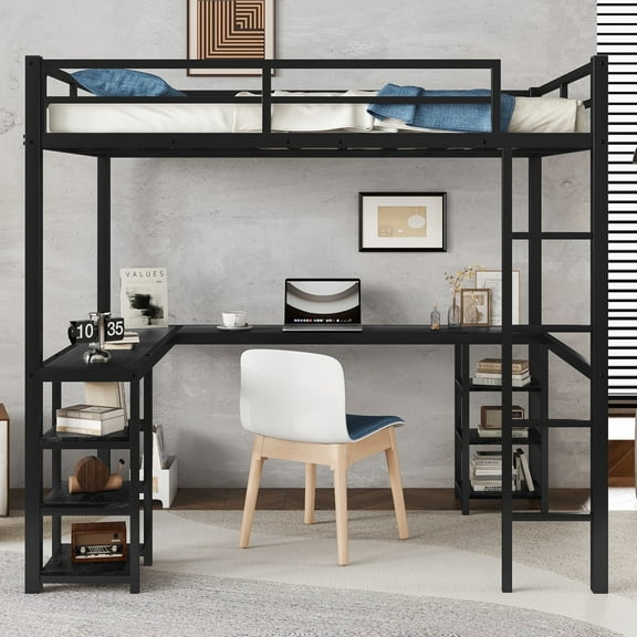 QZYeYun Full Size Loft Bed with Desk and Storage Shelves, Metal Bed Frame with Safety Guardrails and Ladder, Loft Beds with Black Wood Finish L-Shaped Desk for Bedroom, Black