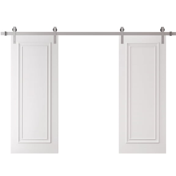 Double Barn Door 36 x 80 inches | CLASSIC 1189 White Enamel | 13FT Silver Rail Track Set | Solid Panel Interior Doors