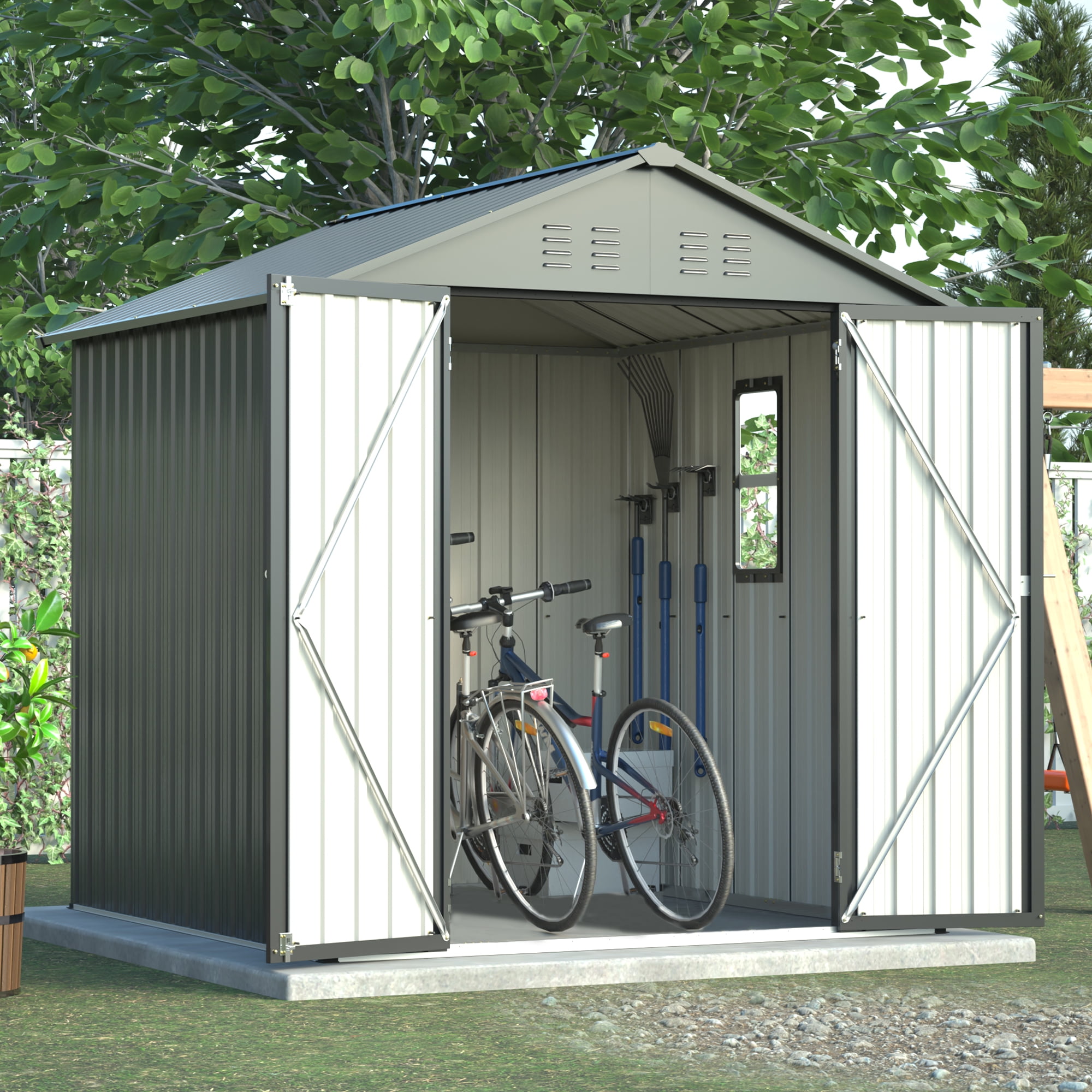 LZBEITEM 6x6 ft Metal Outdoor Storage Shed with Window, Lockable Tool Storage Shed, Steel Garden Sheds with Gable Roof for Backyard, Patio, Garage, Lawn, Black