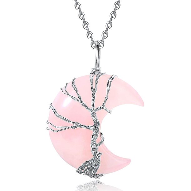 Collar con colgante de luna con envoltura de alambre del árbol de la vida, collar de piedra de cristal curativo Reiki, joyería de cuarzo con piedras preciosas naturales para mujer
