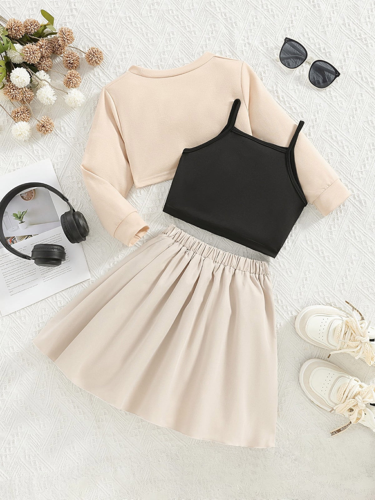 Afdoent Cute Outfits For Girls Outfits Set Casual Summer Outfit Round Neck Long Sleeve Top With Letter Print And Solid Color Short Skirt Set For Girls Cute Kids Clothes 3-4 Years
