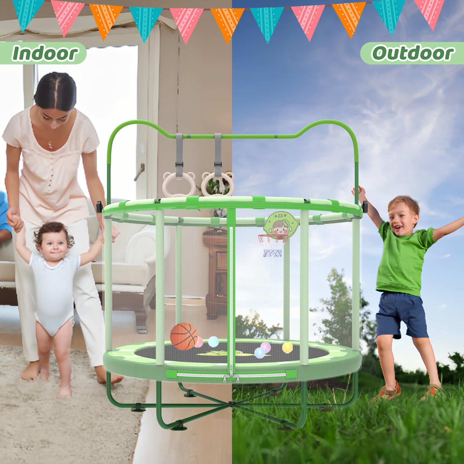 Gardenature 5ft/60'' Toddler Trampoline for Ages 1-6, Indoor & Outdoor Mini Trampoline With Adjustable Gym Bar, Enclosure for Baby, Gift for Boys & Girls