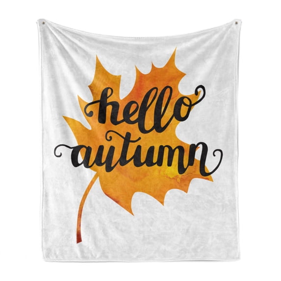 Autumn Soft Flannel Fleece Throw Blanket, Maple Leaf Silhouette in Warm Colors with Hand Lettering Fall Season Words, Cozy Plush for Indoor and Outdoor Use, 70" x 90", Orange and Black, by Ambesonne