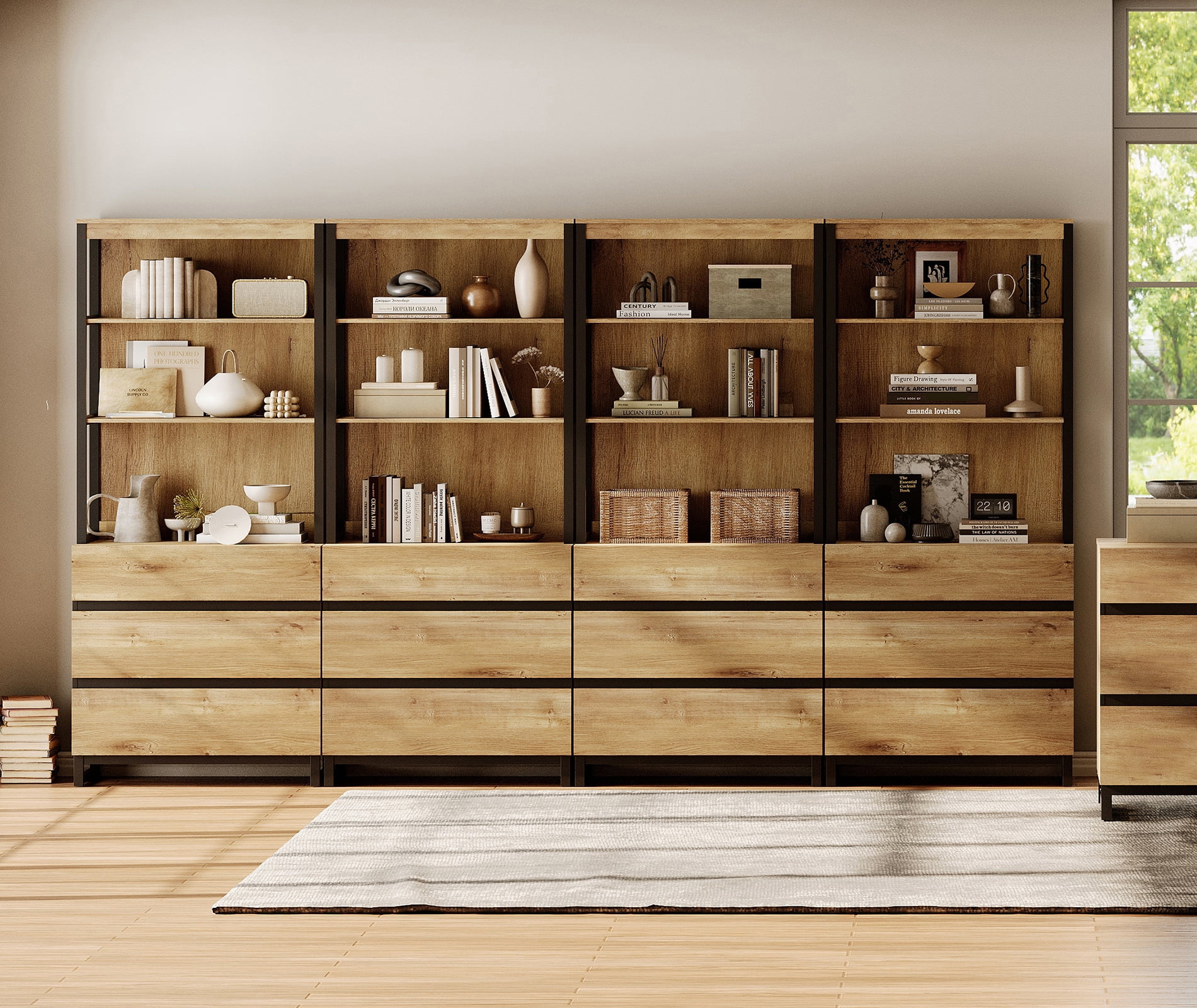WAMPAT 4-Piece Modern 72" Tall Freestanding Bookcase，12 Drawers, Open Shelves & Storage Cabinet with Metal Base，Wood Library Bookshelf for Home Office & Living Room