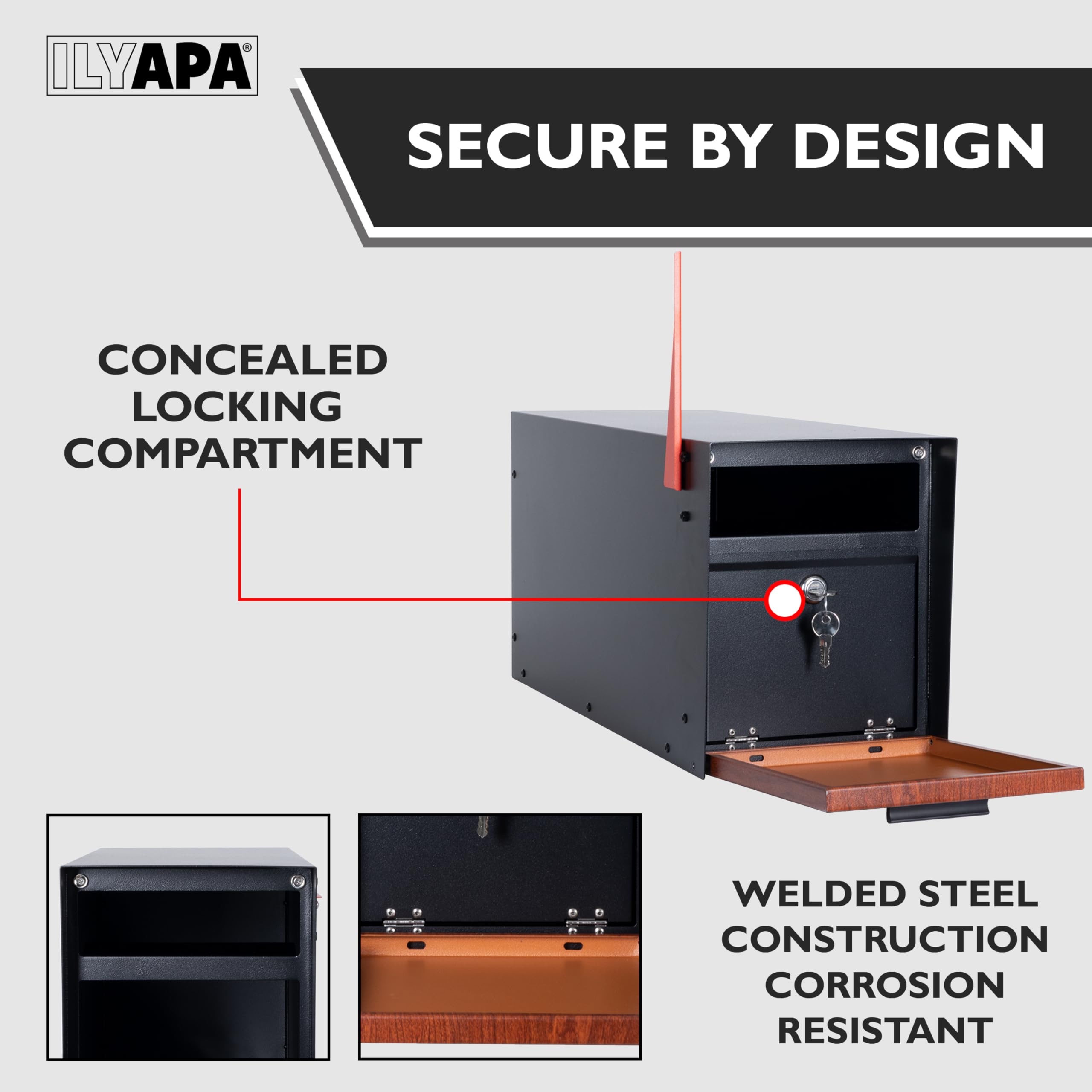 Ilyapa Locking Mailbox with Lock and Key Modern Mailboxes for Outside Post Mount - Black Powder Coated Steel & Printed Redwood Trim, All Weather