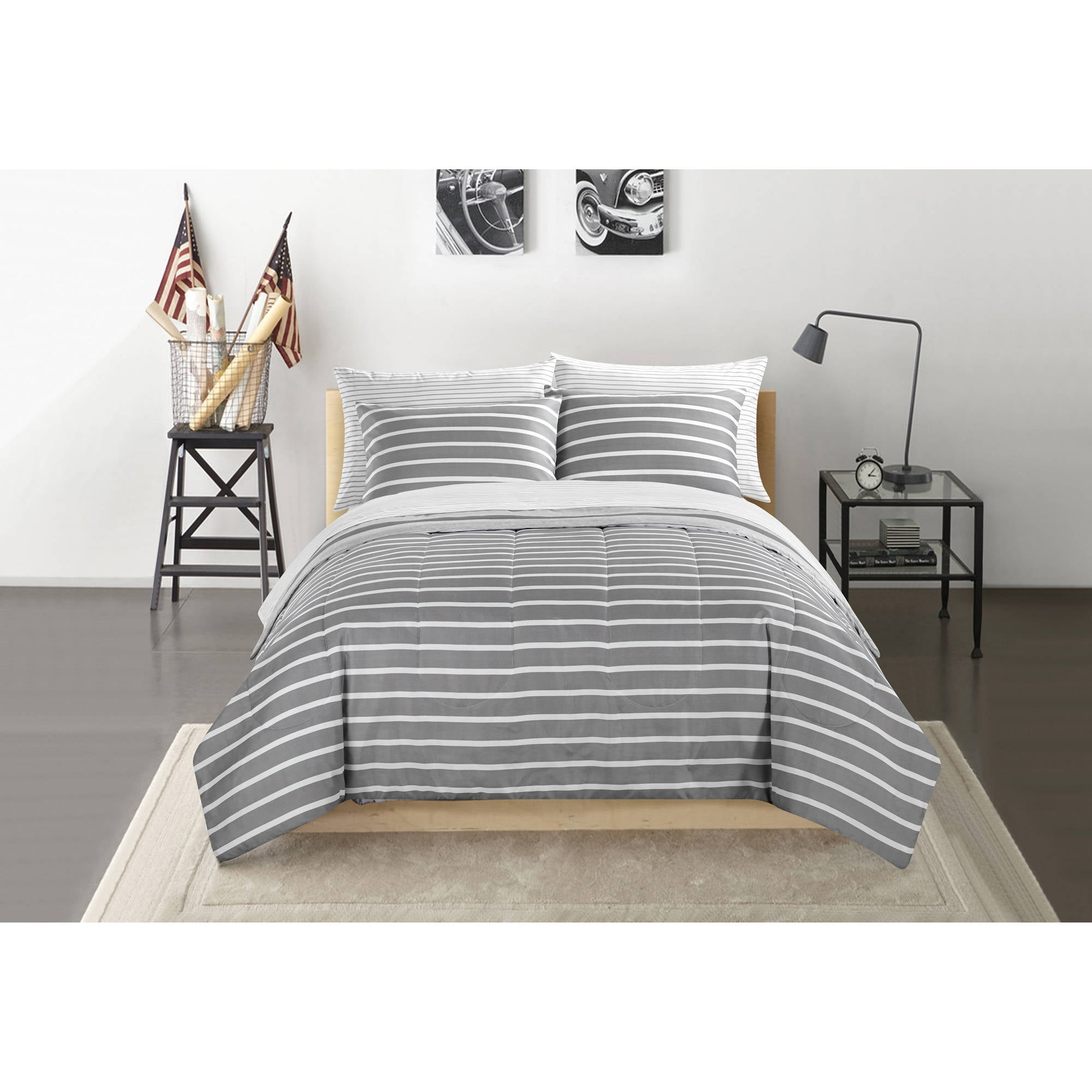 image: Your Zone Grey and White Stripe Bed in a Bag Set