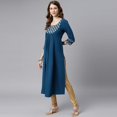 thumbnail image 3 of Janasya Indian Round Neck 3/4 Sleeve Ethnic Motifs Teal Poly Crepe Kurta For Women, 3 of 6