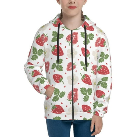 

Hoodies for Women Cute Flower Strawberry Leaves Long Sleeve Sweatshirt Drawstring Zip Up Hoodie with Pockets Teen Girl Clothes