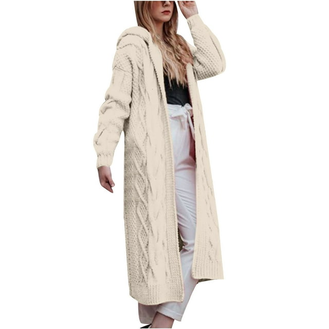 Lovzfmll Cardigan Sweaters for Women, Solid Color Hooded Long Cardigan, Cable Knit Open Front Coat, Fall Winter Clothing