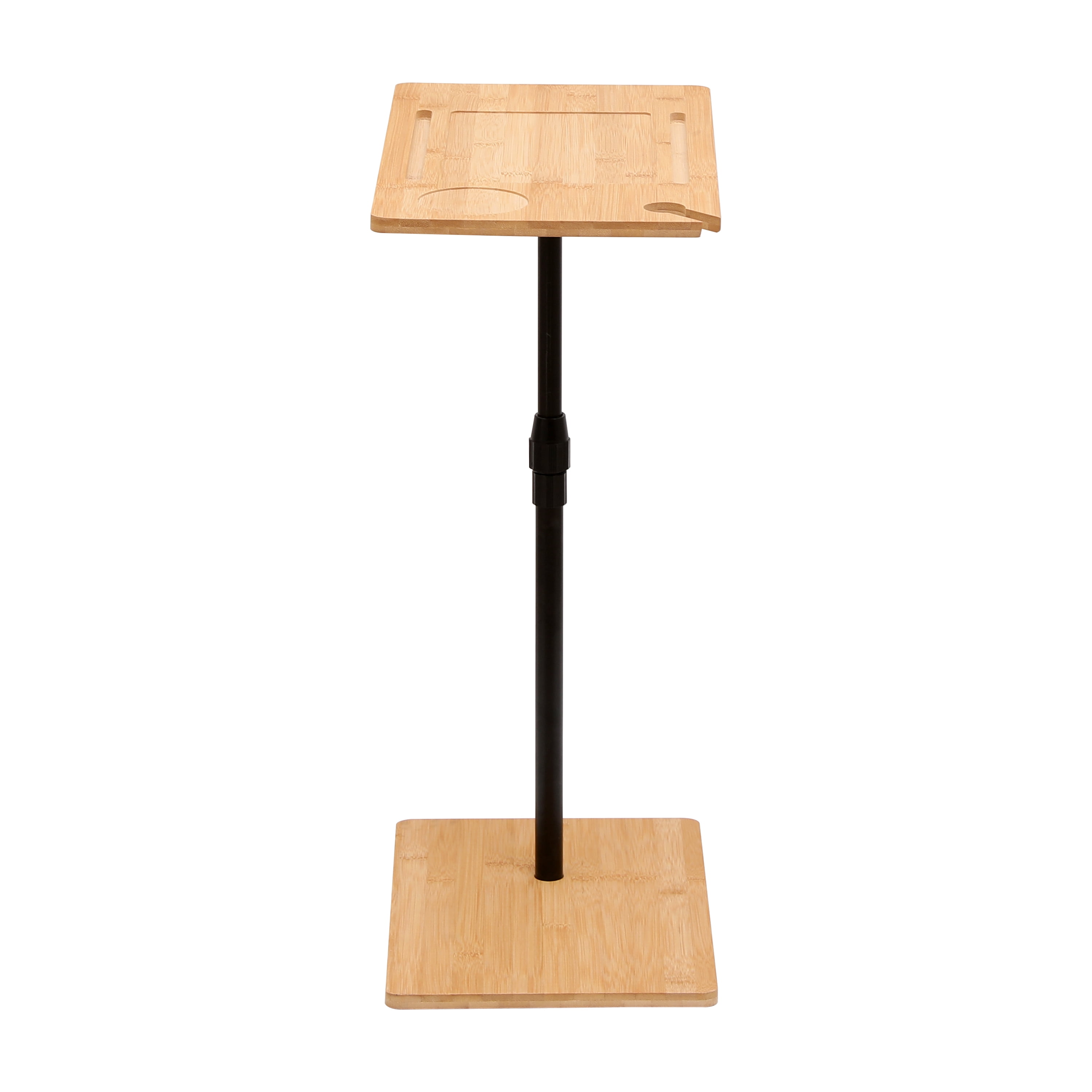 2-Tier Bamboo C-Shaped Side Table, Height Adjustable Rectangle Couch Tray Table with Storage Slots & Cup Holder, Stable Metal Base End Table for Sofa, Bedroom, Living Room Small Space