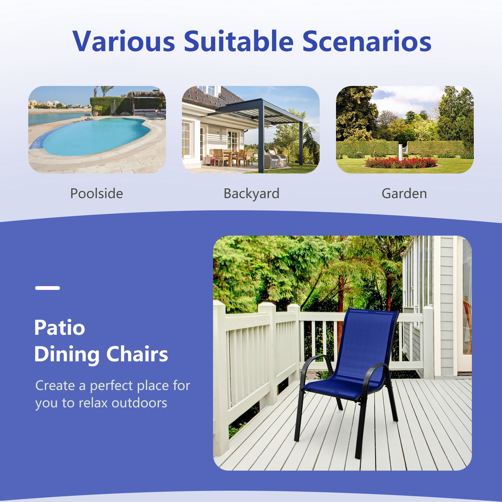 Costway 2PCS Patio Dining Chairs Stackable Armrest Space Saving Garden, Black & Navy