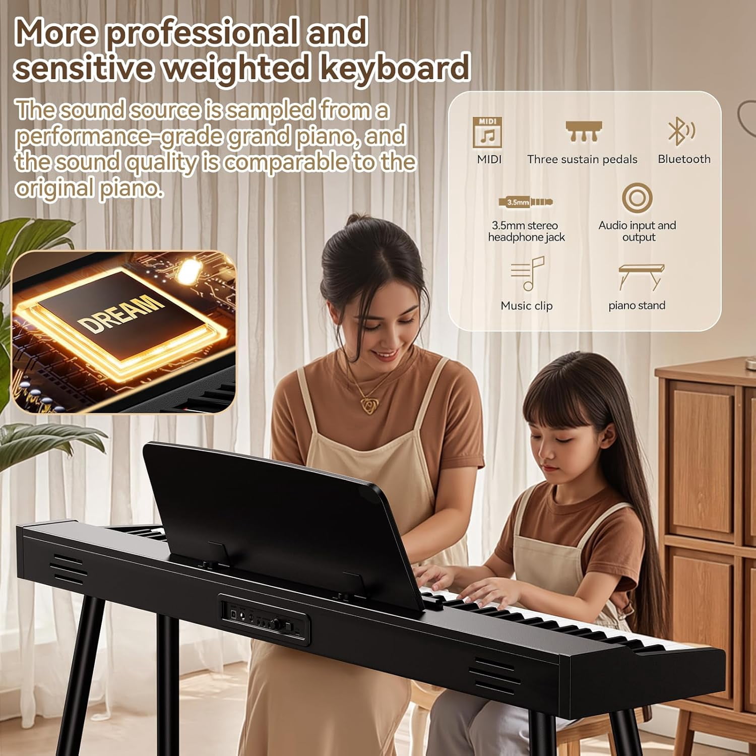 TERENCE Keyboard Piano 88 Key Digital: 88 Key Piano Keyboard Semi-Weighted Full Size Keyboard Digital Premium Sound MIDI Headphone Jack Triple Pedal for Beginners to Professionals