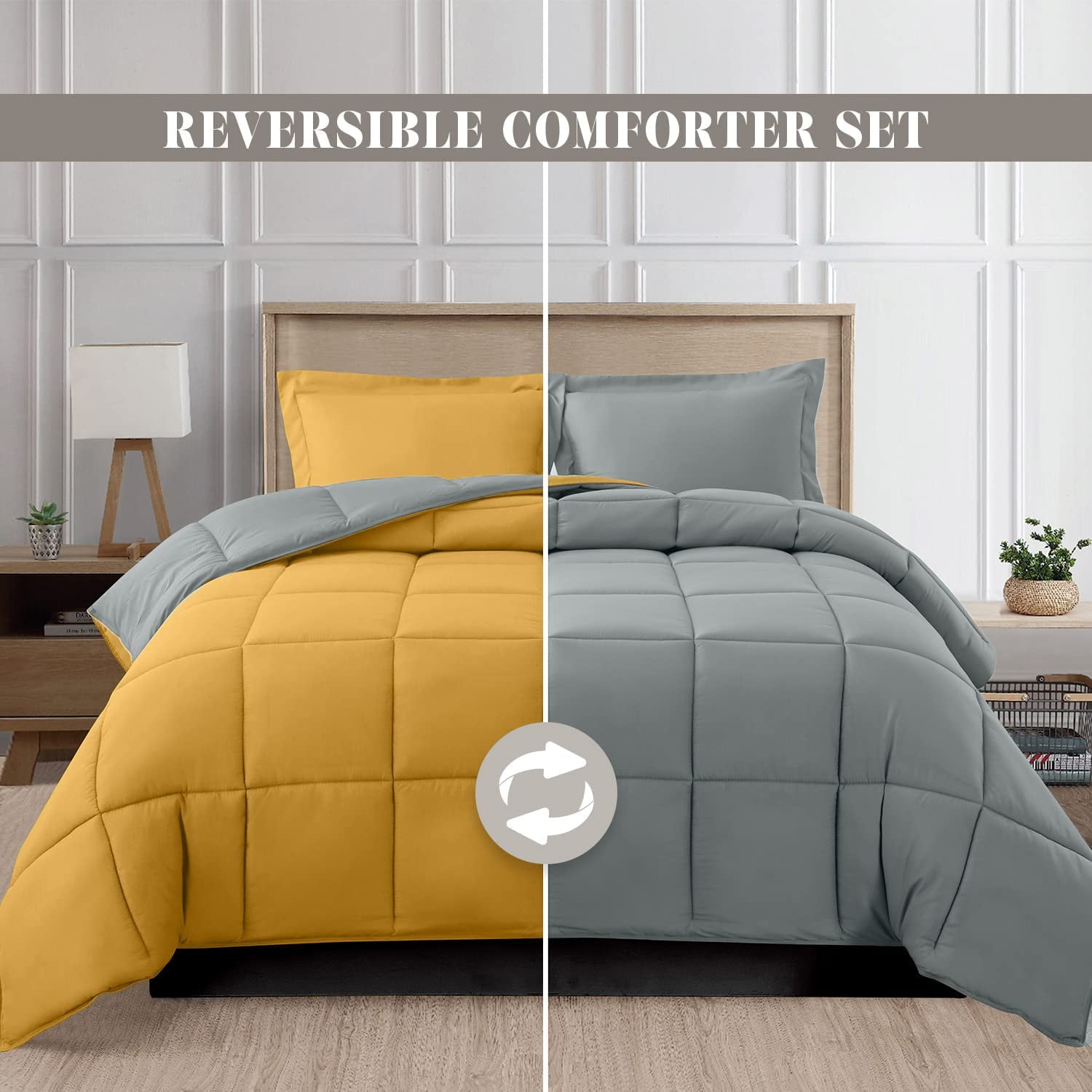 NEW - Elegant Comfort Goose Down Alternative Reversible 3pc Comforter Set- Available in Various Sizes & Colors - Full/Queen, Yellow/Gray