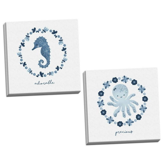Sweet Navy Blue and White Precious and Adorable Octopus and Seahorse Set by Noonday Design; Two 16x16in Hand-Stretched Canvases