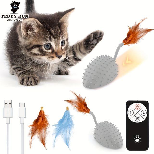 OUSITAID Teddy Run for Remote Control Cat Toy Interactive Cat Toy Mouse with LED Lights Moving Automatic Chirping Mouse Toy Squeaky with Feather Tail for All Breeds Cat Indoor Exercise