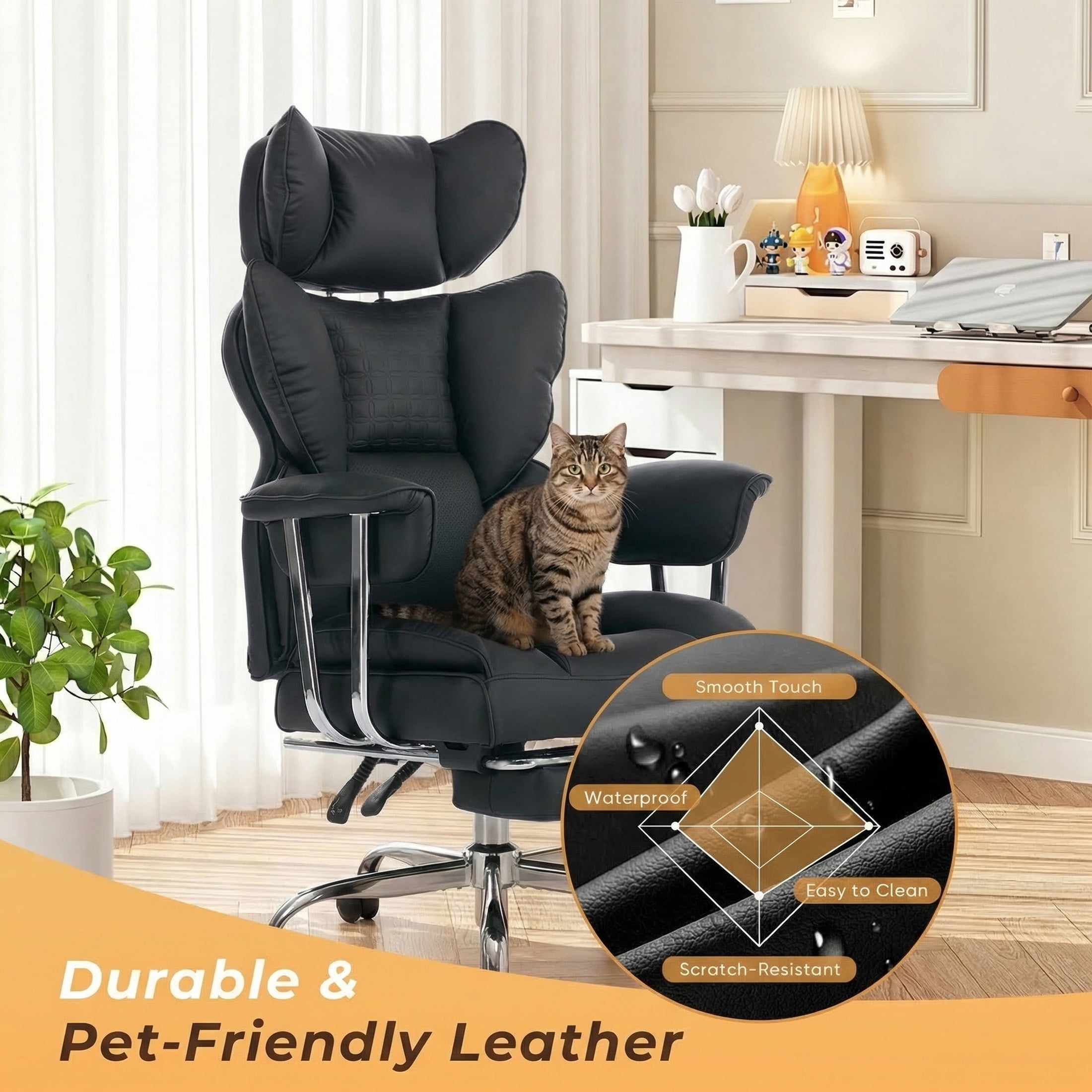 CONCETTA Ergonomic Big and Tall Office Chair, Scratch-Resistant PU Leather Executive Desk Chair with Spring Lumbar Support Black