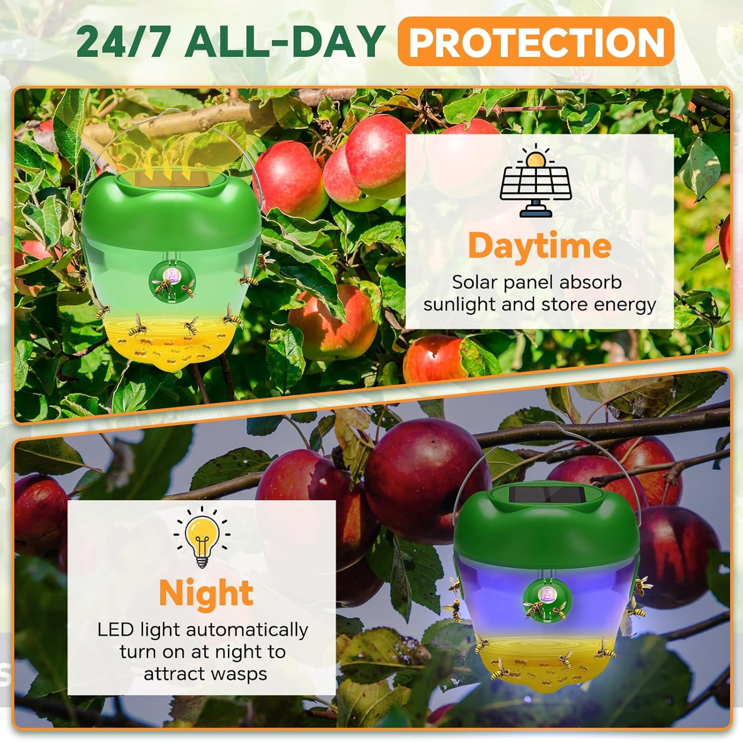 4-PACK Wasp Trap, Solar Wasp Traps Hanging, Reusable Yellow Jacket Trap with LED Light, Bee Hornet Traps for Outside Orchard, Farm, Garden, Patio, Courtyard (Green)