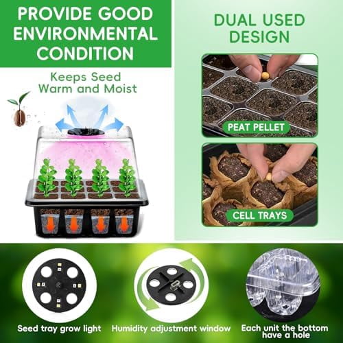 Seed Starter Tray with Grow Light, 5 Pack Seed Starter Kit with Heat Mat, Seed Tray with Timing Controller Adjustable Brightness and Humidity Domes Heightened Lids, Black