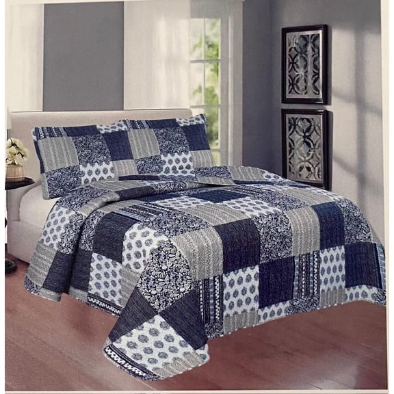 Spring Home Rosy 3-Piece Queen Size Printed Patchwork Cotton Quilt Set - Flower Floral Striped Polka Dots - Stone Washed Lightweight Bedspread, Queen Size, White /, batch 41