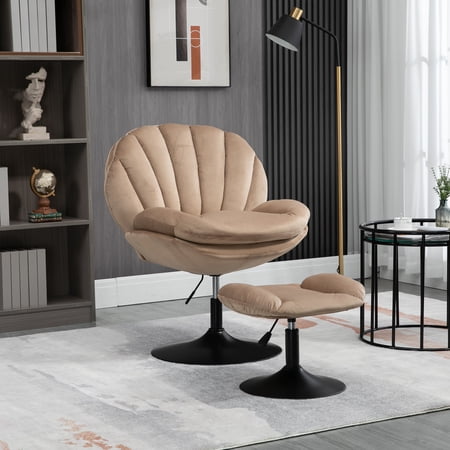 Swivel Accent Chair with Ottoman Velvet Upholstery Velvet Living Room Chair Set Lounger Chair with Footrest Height Adjustment Fluffy(Khaki,Set of 1)