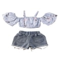 thumbnail image 3 of Baby Girls Off Shoulder Striped Crop Tops Distressed Ripped Jeans Denim Shorts Outftis, 3 of 6