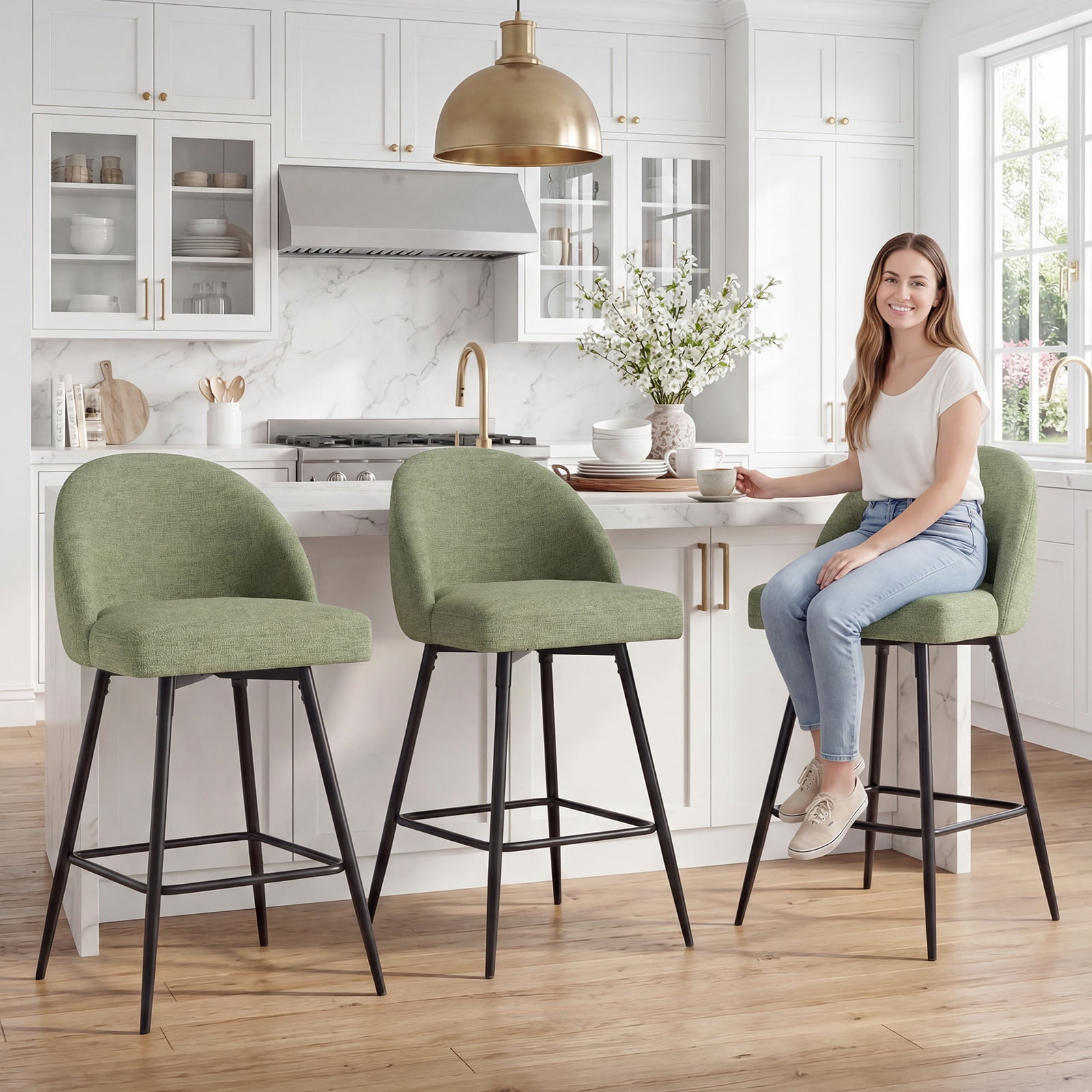 JULY'S SONG Counter Height Bar Stools with Back Sets of 4, 360°Swivel Upholstered Barstools with Metal Legs, 27" Seat Height Bar Stool for Kitchen Island, Green