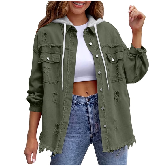 Rutainlusire Womens Fashion Daily Buttoned Hooded Jackets 2026 Denim Jacket Women's Solid Color Loose Jacket Perforated Long Sleeved Women's Denim Shirt Detachable Hooded Jacket