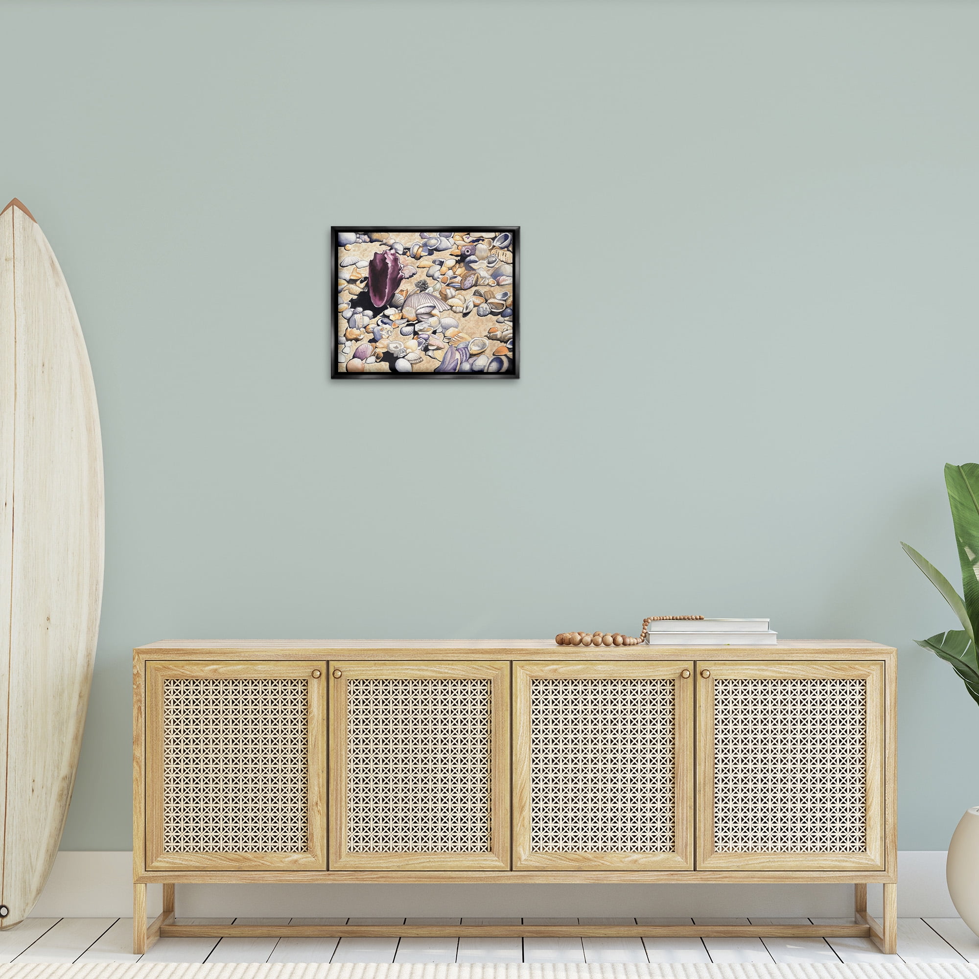 Stupell Industries Various Seashells on Coast Landscape Painting Black Floater Framed Canvas Art Print Wall Art, 21 x 17